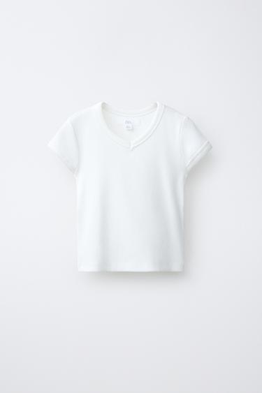RIBBED V-NECK T-SHIRT - White by Zara