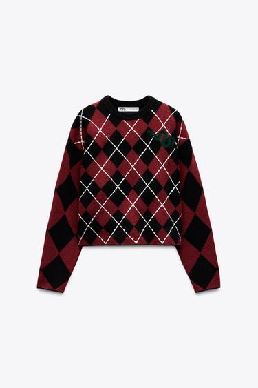 DIAMOND KNIT SWEATER - Red / Black by Zara
