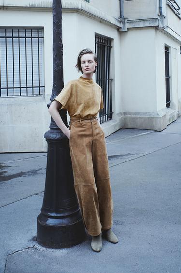 100% LEATHER SUEDE TROUSERS - camel by Zara