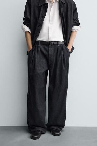 PLEATED WIDE-LEG JEANS - Navy blue by Zara