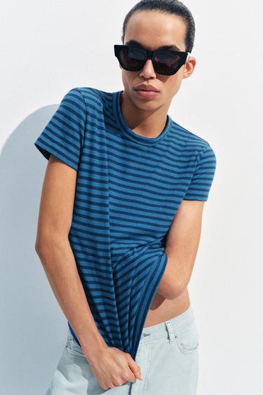 STRIPED COTTON AND LINEN T-SHIRT - Blue / Indigo by Zara
