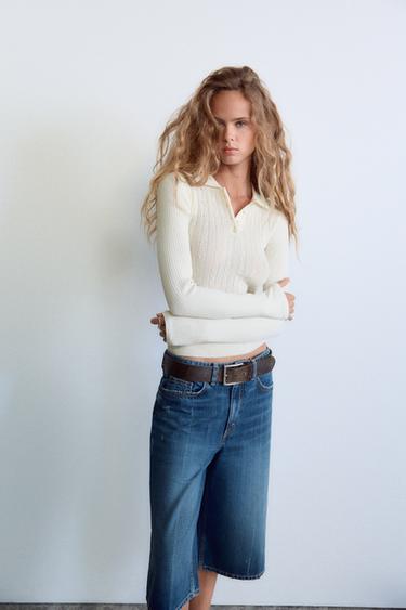 CABLE-KNIT POLO TOP - Ecru by Zara