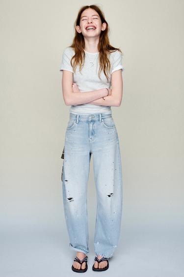 RIPPED BALLOON JEANS WITH RHINESTONES - Light blue by Zara