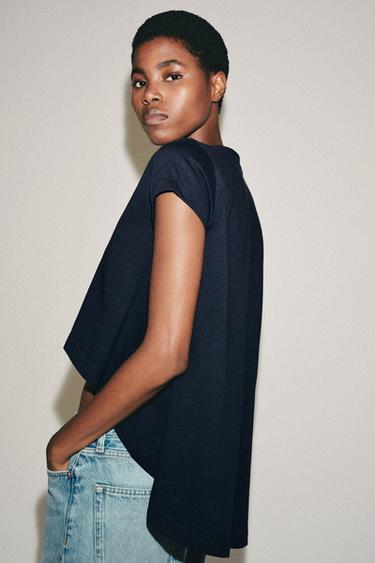 ASYMMETRIC COTTON T-SHIRT - Navy blue by Zara