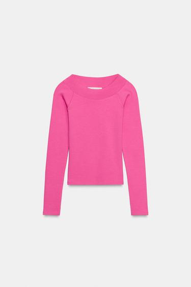 RIBBED BOAT NECK T-SHIRT - Fuchsia by Zara