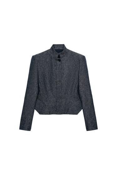 ZW COLLECTION LINEN BLEND PEPLUM JACKET - Beige / Navy by Zara