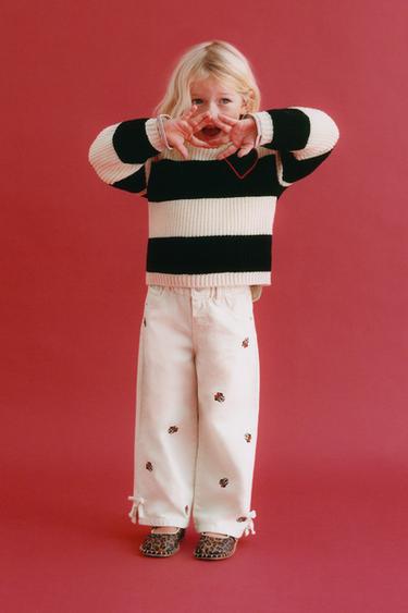 STRIPED HEART KNIT JUMPER - Ecru / Black by Zara