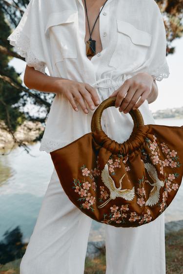 EMBROIDERED FAN BAG WITH BIRDS AND FLOWERS - Brown by Zara - Image 0
