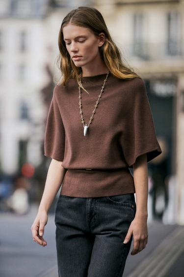 KNITTED CAPE TOP WITH BELT - Brown by Zara