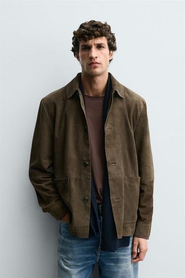 LEATHER SUEDE OVERSHIRT - Olive green by Zara