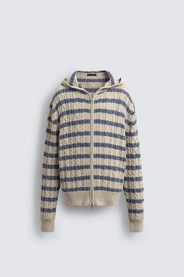 HOODED CABLE-KNIT TEXTURED CARDIGAN - Beige by Zara