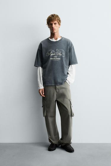 WASHED SLOGAN PRINT T-SHIRT - Light grey by Zara - Image 0