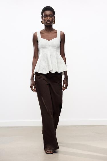STRETCH JACQUARD PEPLUM TOP - Oyster-white by Zara - Image 0