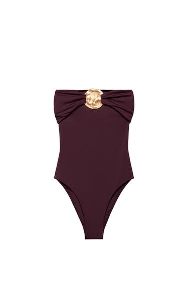 BANDEAU SWIMSUIT WITH METAL DETAIL - Brown by Zara