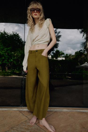 LINEN BLEND BALLOON TROUSERS - Olive green by Zara