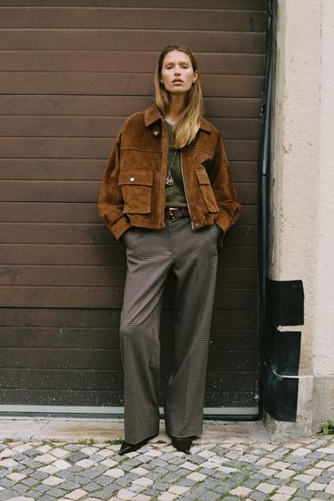 STRAIGHT CHECK TROUSERS WITH BELT - Brown / Ecru by Zara