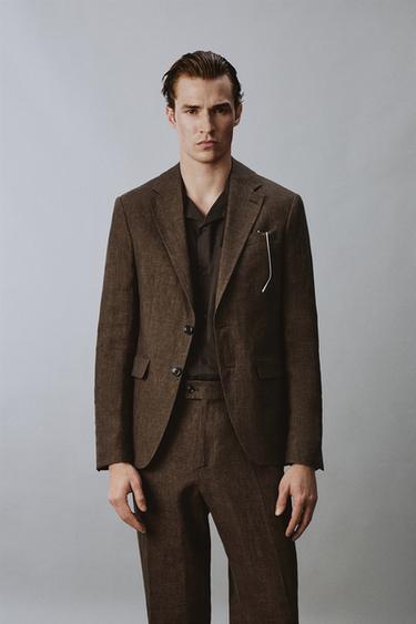 100% LINEN SUIT BLAZER - Dark brown by Zara