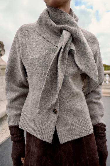 CARDIGAN WITH SCARF DETAIL - Taupe grey by Zara