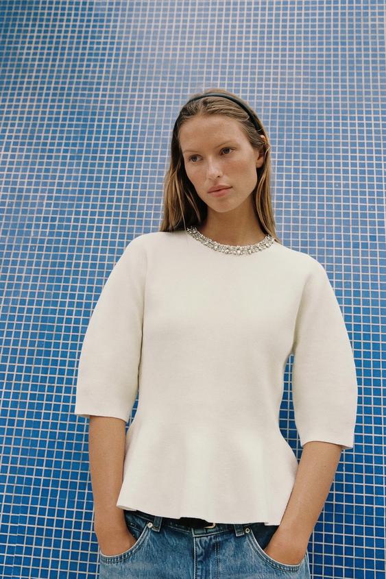 KNIT TOP WITH GEM NECKLINE - Ecru by Zara - Image 0