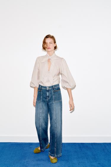 STRIPED BLOUSE WITH BOWS - brown/white by Zara