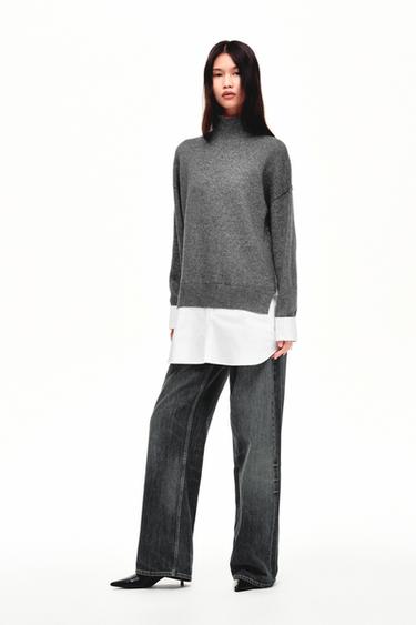 KNIT JUMPER WITH CONTRAST POPLIN - White / Grey by Zara