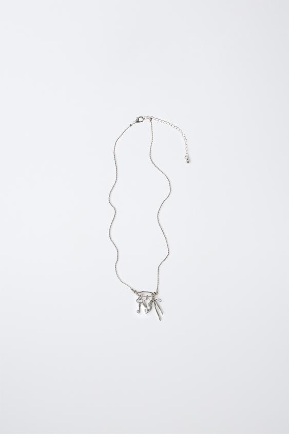 KEY, BOW AND PADLOCK CHARM NECKLACE - Silver by Zara - Image 0