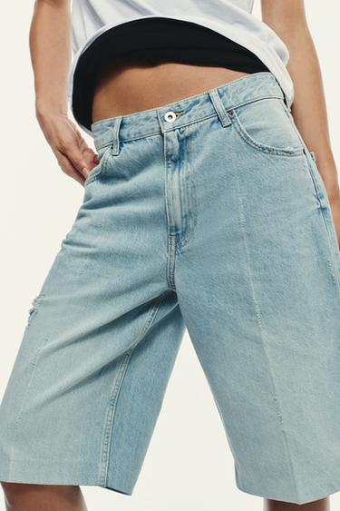 TRF RIPPED MID-RISE DENIM JORTS - Blue by Zara