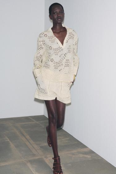 ZW COLLECTION CUTWORK EMBROIDERY BERMUDA SHORTS - camel by Zara - Image 0