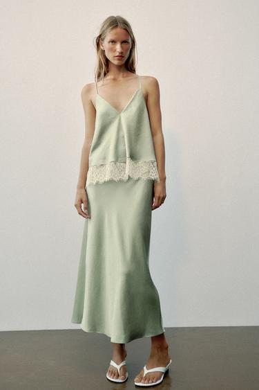 CONTRASTING LACE MIDI CAMISOLE DRESS - Light khaki by Zara
