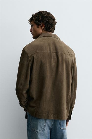 LEATHER SUEDE OVERSHIRT - Olive green by Zara