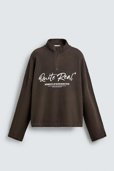 PRINTED QUARTER-ZIP SWEATSHIRT - Chocolate brown by Zara
