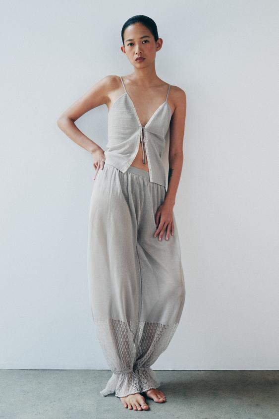 ELASTICATED LACE TRIM KNIT TOP - Grey by Zara - Image 0