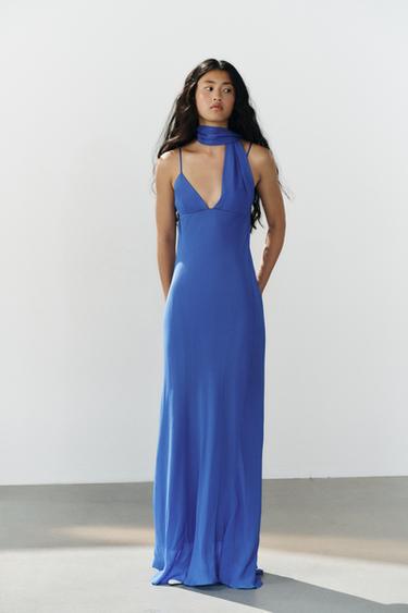 LONG GEORGETTE DRESS WITH SCARF STRAPS - Blue by Zara