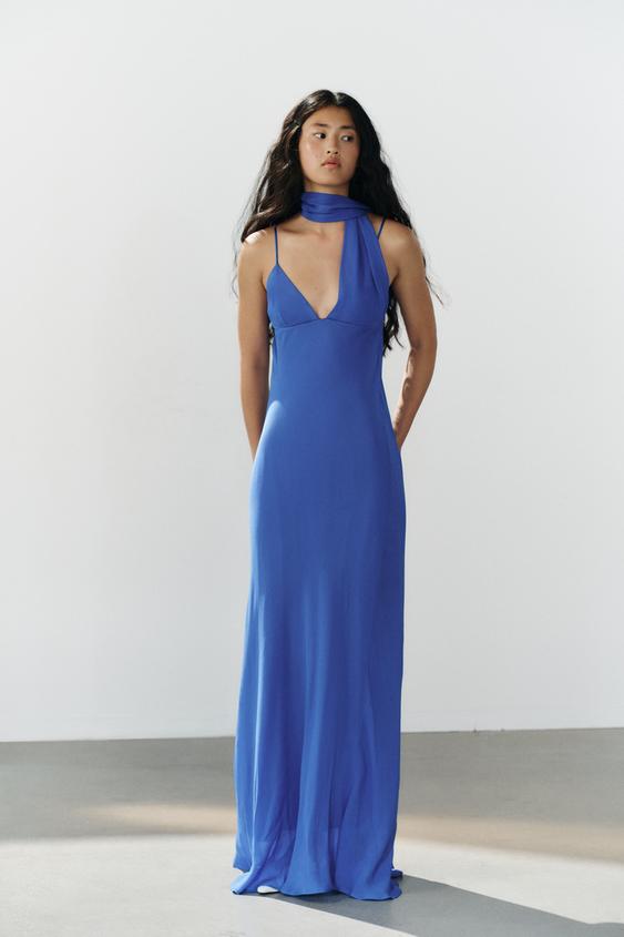 LONG GEORGETTE DRESS WITH SCARF STRAPS - Blue by Zara - Image 0