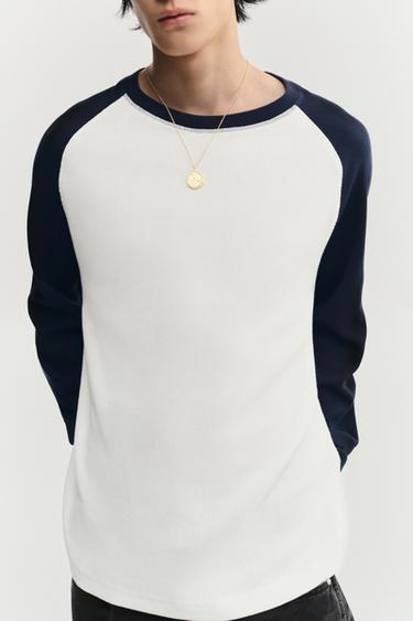 COLOUR BLOCK WAFFLE-KNIT T-SHIRT - Navy / White by Zara