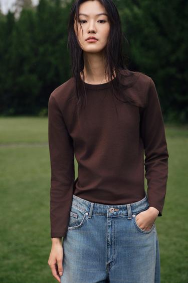 INTERLOCK LONG SLEEVE T-SHIRT - Chocolate by Zara