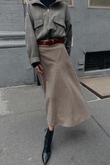 HOUNDSTOOTH CAPE BELT MIDI SKIRT - Black / Ecru by Zara