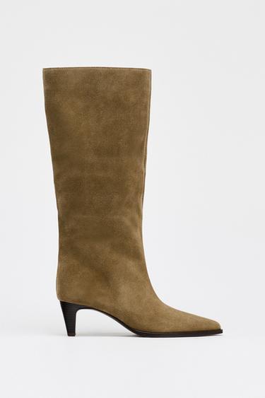 SPLIT SUEDE KITTEN HEEL BOOTS - Brown by Zara