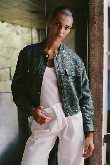 METALLIC THREAD TEXTURED JACKET - Black / Green by Zara - Image 0
