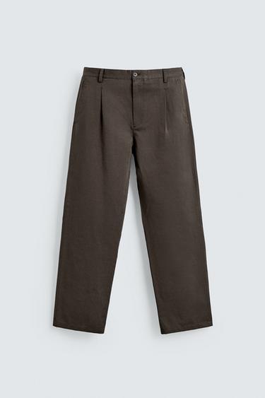COTTON/LINEN PLEATED TROUSERS - Black / Brown by Zara