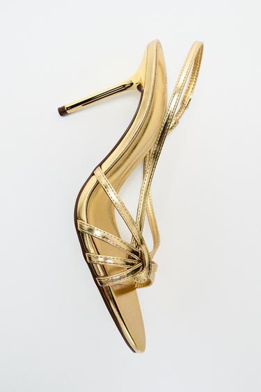 LAMINATED STRAP HIGH-HEEL SANDALS - Gold by Zara