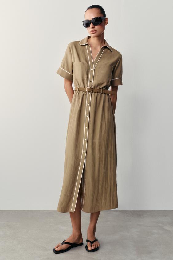 MIDI DRESS WITH CONTRAST TRIMS AND BELT - Dark camel by Zara - Image 0