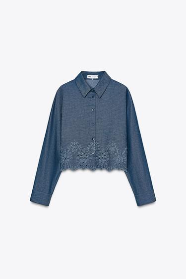 CROPPED SHIRT WITH CUTWORK EMBROIDERY - Blue by Zara