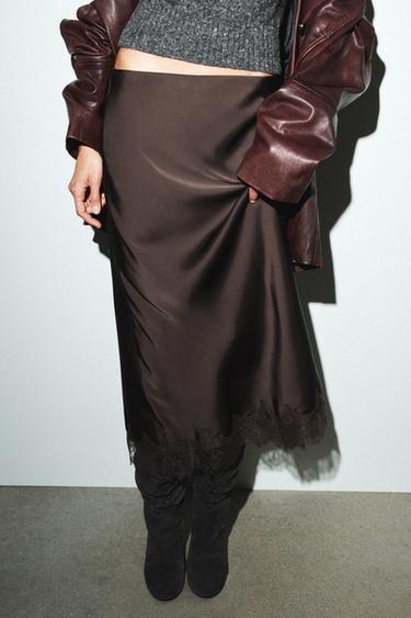 LACE SATIN MIDI SKIRT - Chocolate brown by Zara