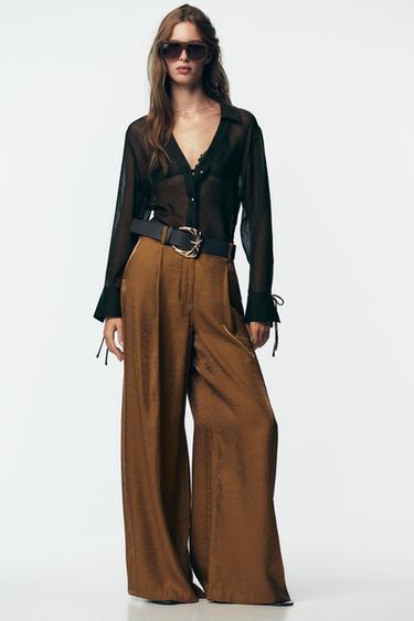 WIDE SATIN TROUSERS WITH BELT - Caramel by Zara