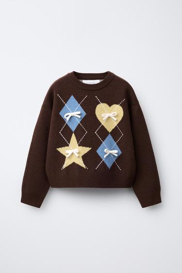 ARGYLE BOW KNIT SWEATER - Brown by Zara