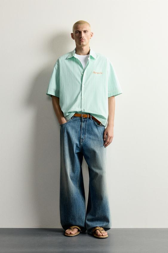 STRIPED EMBROIDERED BOXY FIT SHIRT - Green by Zara - Image 0