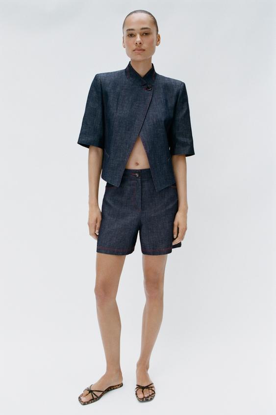 LINEN BLEND BERMUDA SHORTS WITH CONTRAST TOPSTITCHING - Indigo by Zara - Image 0