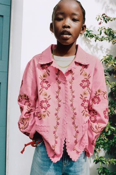 COTTON LINEN CROSS STITCH EMBROIDERED OVERSHIRT - Chalk pink by Zara