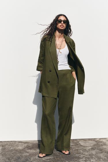 DOUBLE-BREASTED LINEN BLEND BLAZER - Dark khaki by Zara